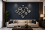 Loh e Qurani 3D Stainless Steel Islamic Wall Art displayed above a modern beige sofa in a luxury living room with a dark navy accent wall and contemporary Islamic home decor.